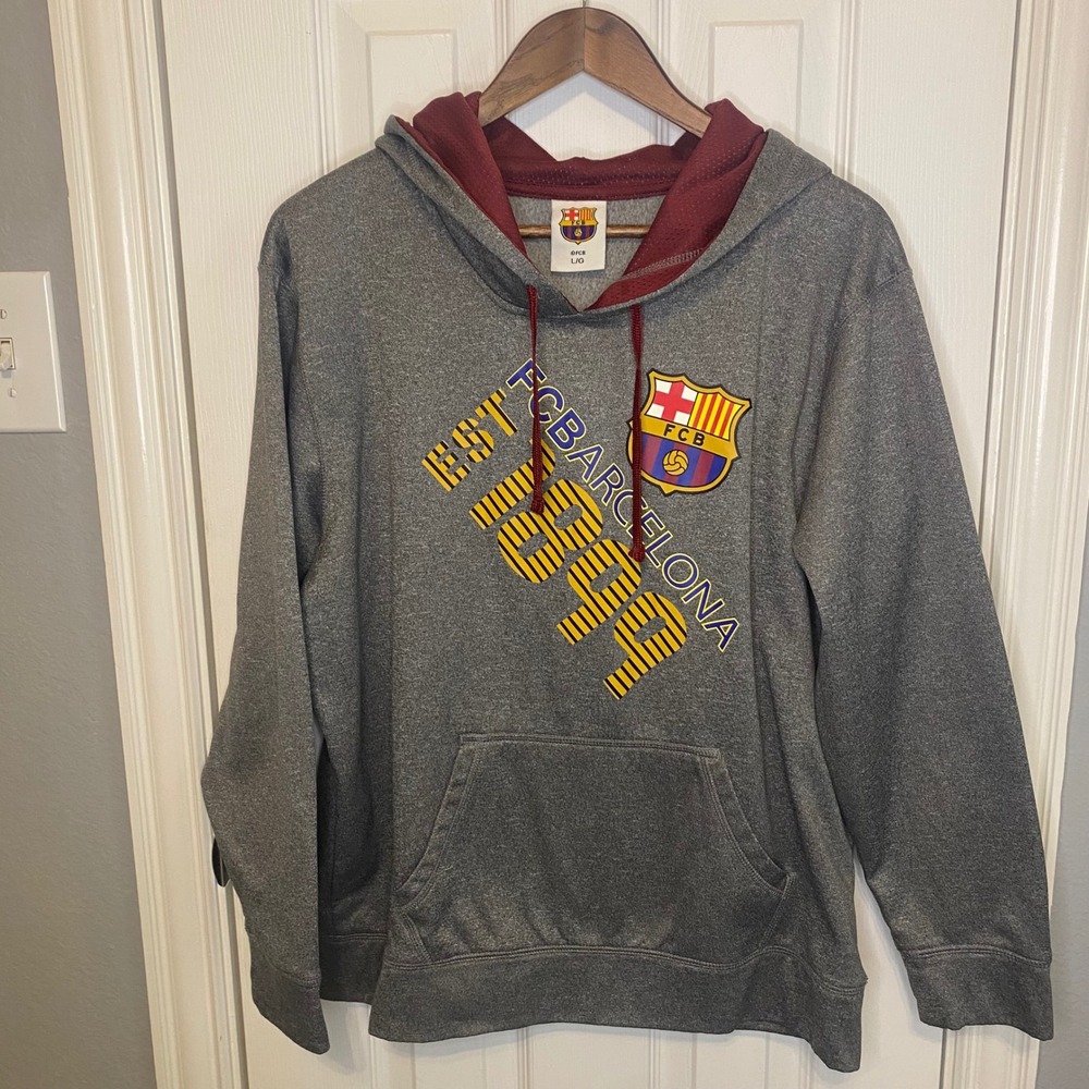 FC Barcelona Mens Large Gray Hoodie Soccer Pullover Est 1899